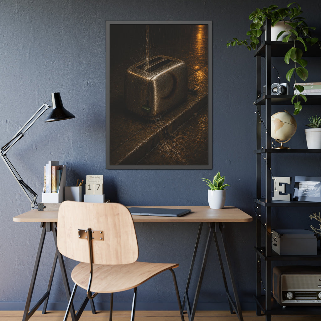 A toaster on a wet curb with water pouring into its slots. Rain Through the Slots by Garabaggio, framed fine art print hanging in a room.