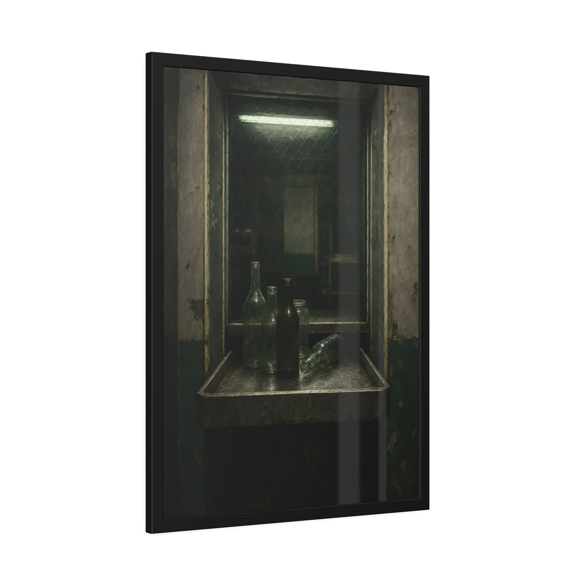 Empty glass bottles on a metal tray at a service window under a fluorescent tube. The Counting Window by Garabaggio, framed fine art print hanging in a room.
