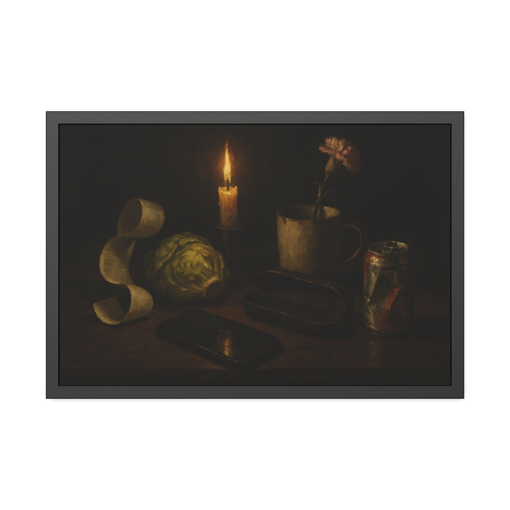 A candle, lettuce head, curled receipt and can on a dim table. Vanitas with Receipts and Wilted Lettuce by Garabaggio, framed fine art print hanging in a room.