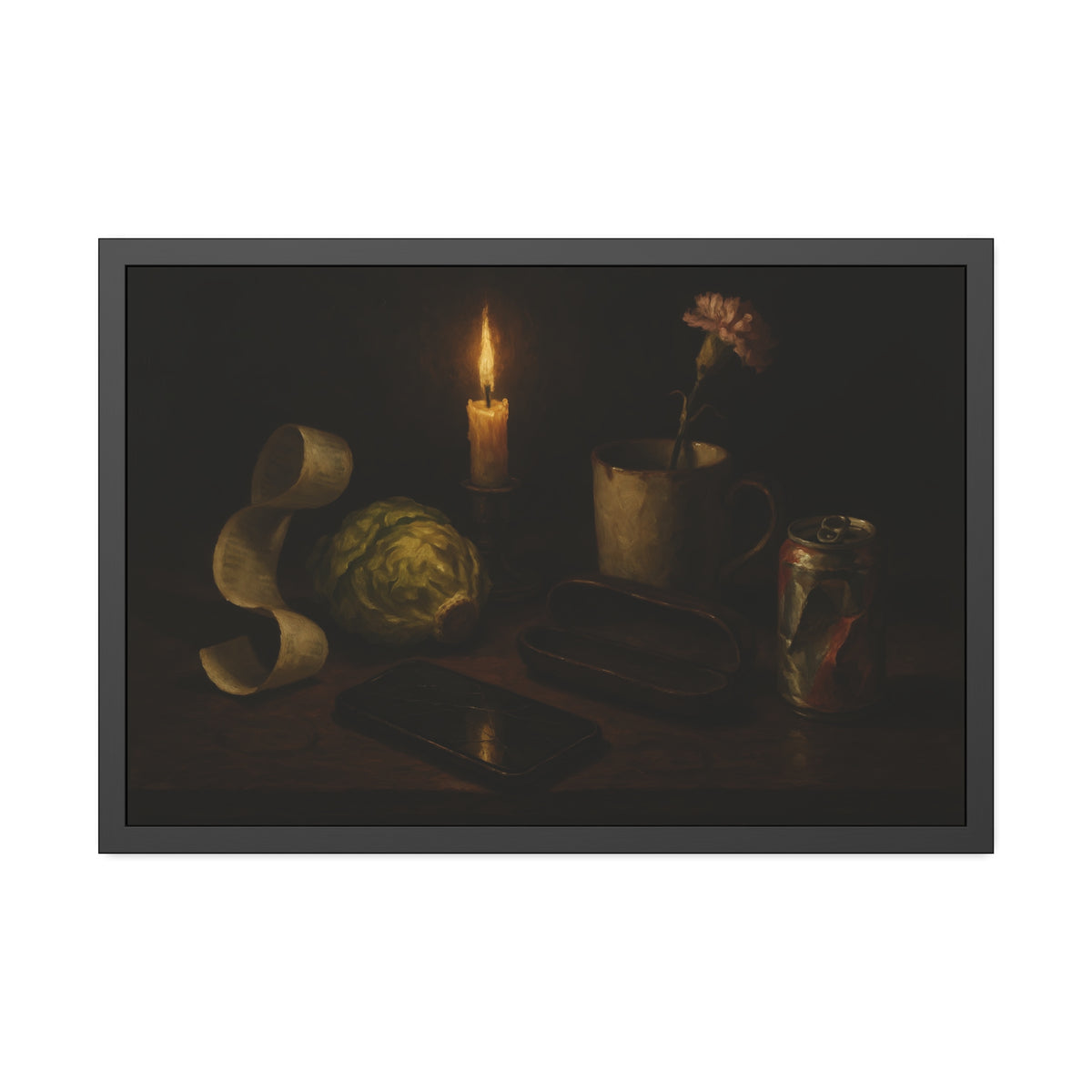 A candle, lettuce head, curled receipt and can on a dim table. Vanitas with Receipts and Wilted Lettuce by Garabaggio, framed fine art print hanging in a room.