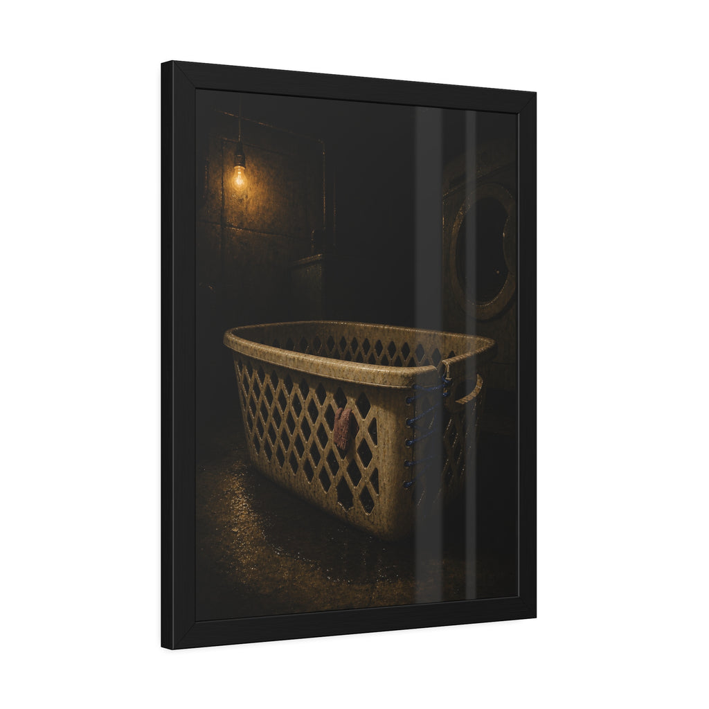A laundry basket laced shut with blue cord under a bare bulb. The Binding with Blue Cord by Garabaggio, framed fine art print hanging in a room.