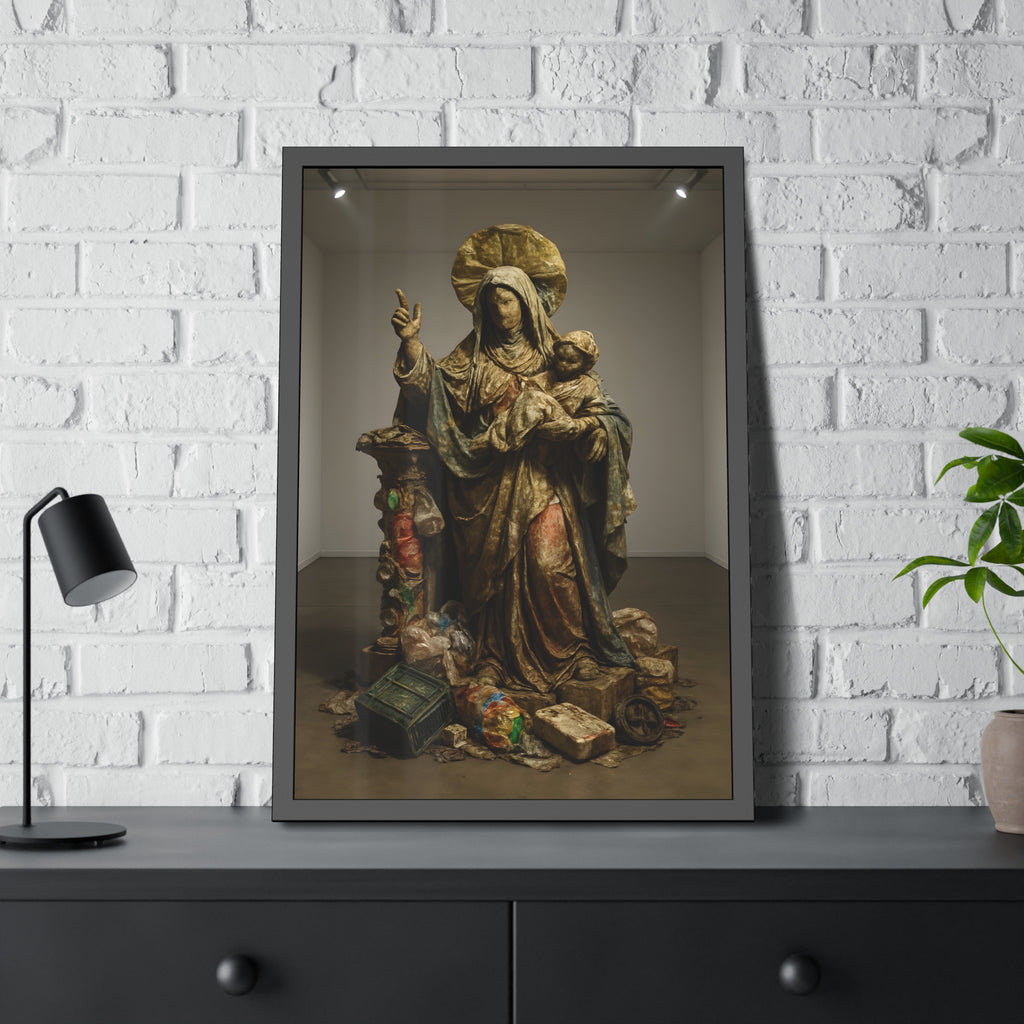 A standing veiled figure holding a child, refuse piled around the base. The Virgin of the Landfill by Garabaggio, framed fine art print hanging in a room.