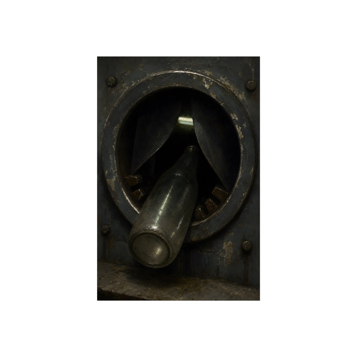 A glass bottle wedged in the round steel intake of a crushing machine. The Crusher's Mouth by Garabaggio, fine art print, 24″ x 36″.