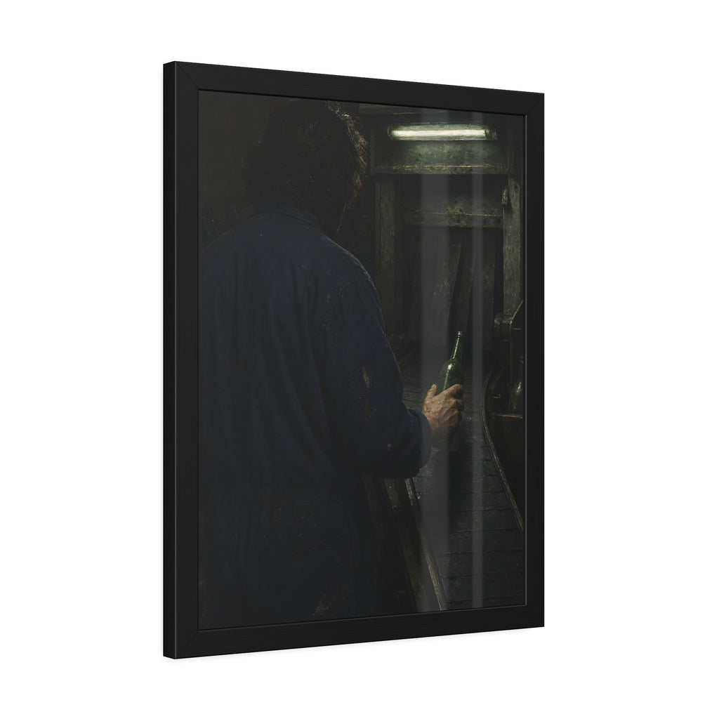 A man in coveralls sets a green bottle on a conveyor under a strip light. Garabaggio at the Conveyor by Garabaggio, framed fine art print hanging in a room.