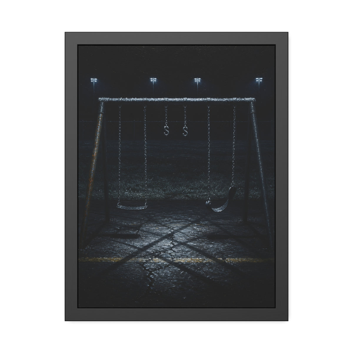 An empty swing set with frost on its crossbar under floodlights. Midnight: The Frost on the Crossbar by Garabaggio, framed fine art print, 18″ x 24″.
