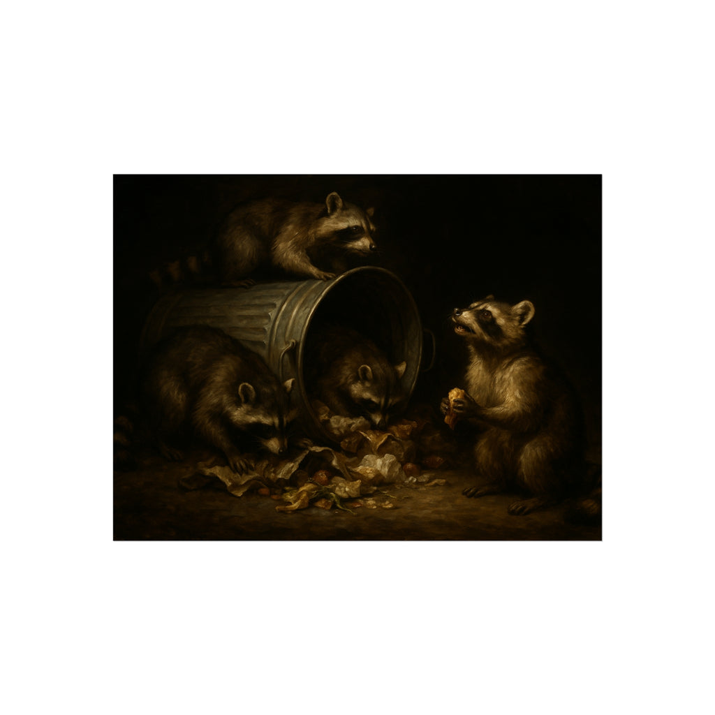 Four raccoons around a toppled metal trash can in the dark. The Last Bite by Garabaggio, fine art print hanging in a room.