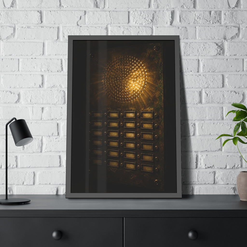 Light glowing through an intercom speaker grille above rows of buttons. Voice Through Perforations by Garabaggio, framed fine art print hanging in a room.