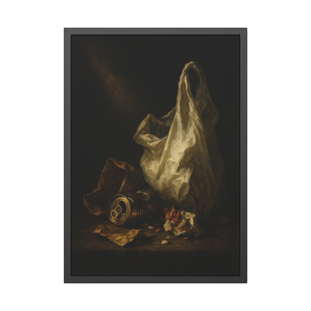 A white plastic bag standing upright in a shaft of light. The Annunciation of the Plastic Bag by Garabaggio, framed fine art print hanging in a room.