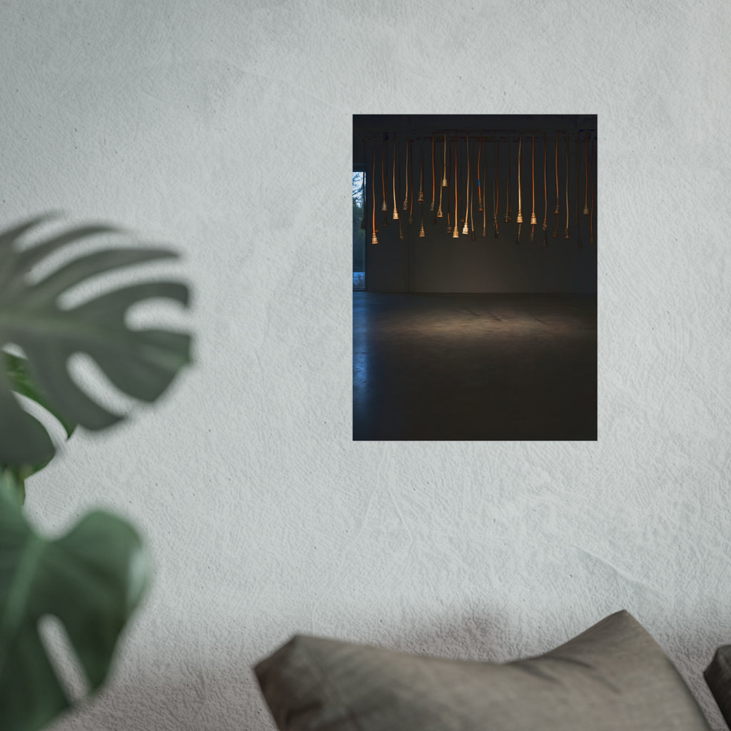 Extension cords hanging plug down from a ceiling in a dim room. All Ends, No Source by Garabaggio, fine art print hanging in a room.