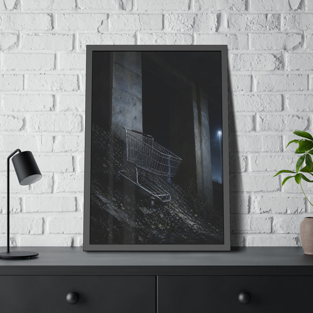 A shopping cart on a rocky slope under an overpass near a streetlamp. The Descent to the Underpass by Garabaggio, framed fine art print hanging in a room.