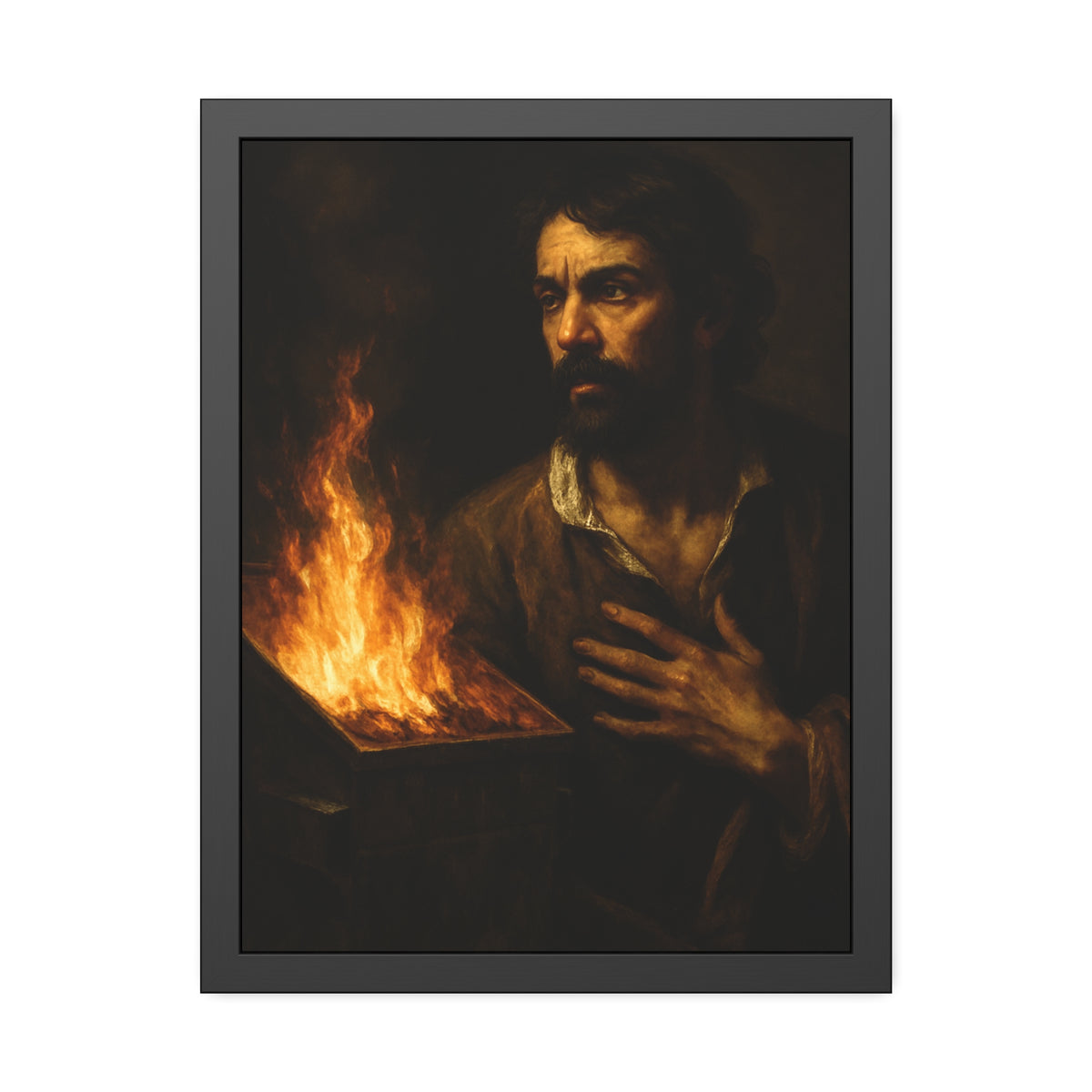 Man with a hand flat on his chest looking toward a low burning bin. Self-Portrait with Oath by Garabaggio, framed fine art print hanging in a room.