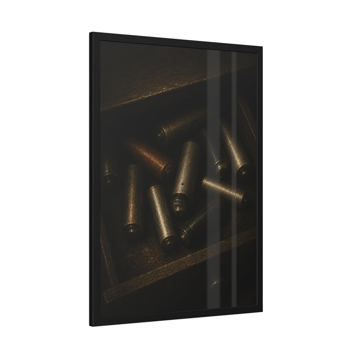 Old batteries loose in an open wooden drawer lit from above. The Drawer Congregation by Garabaggio, framed fine art print hanging in a room.