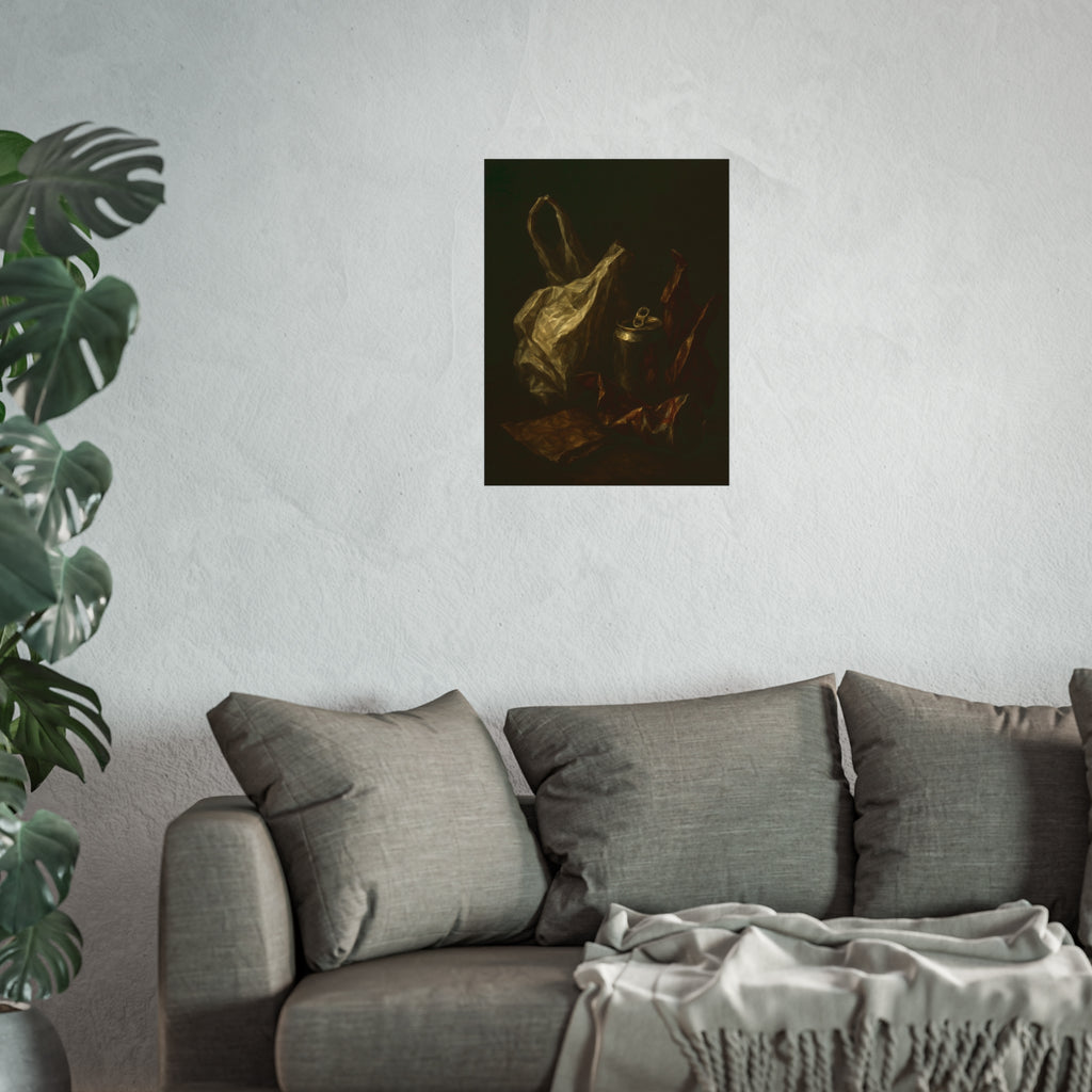 A crumpled plastic bag, crushed can and foil wrappers on a dark table. The Pietà of the Deflated by Garabaggio, fine art print hanging in a room.