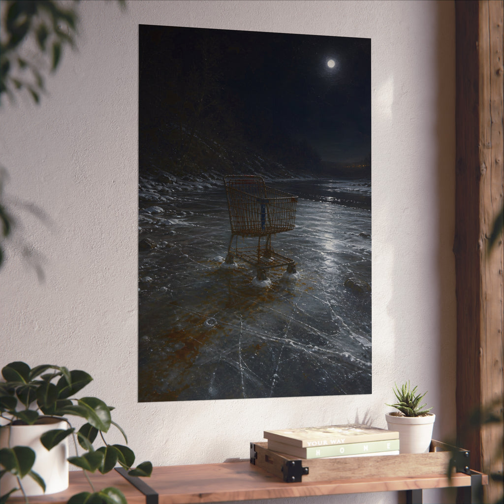 A rusted shopping cart frozen into moonlit river ice. The Wintering in the Ice by Garabaggio, fine art print hanging in a room.