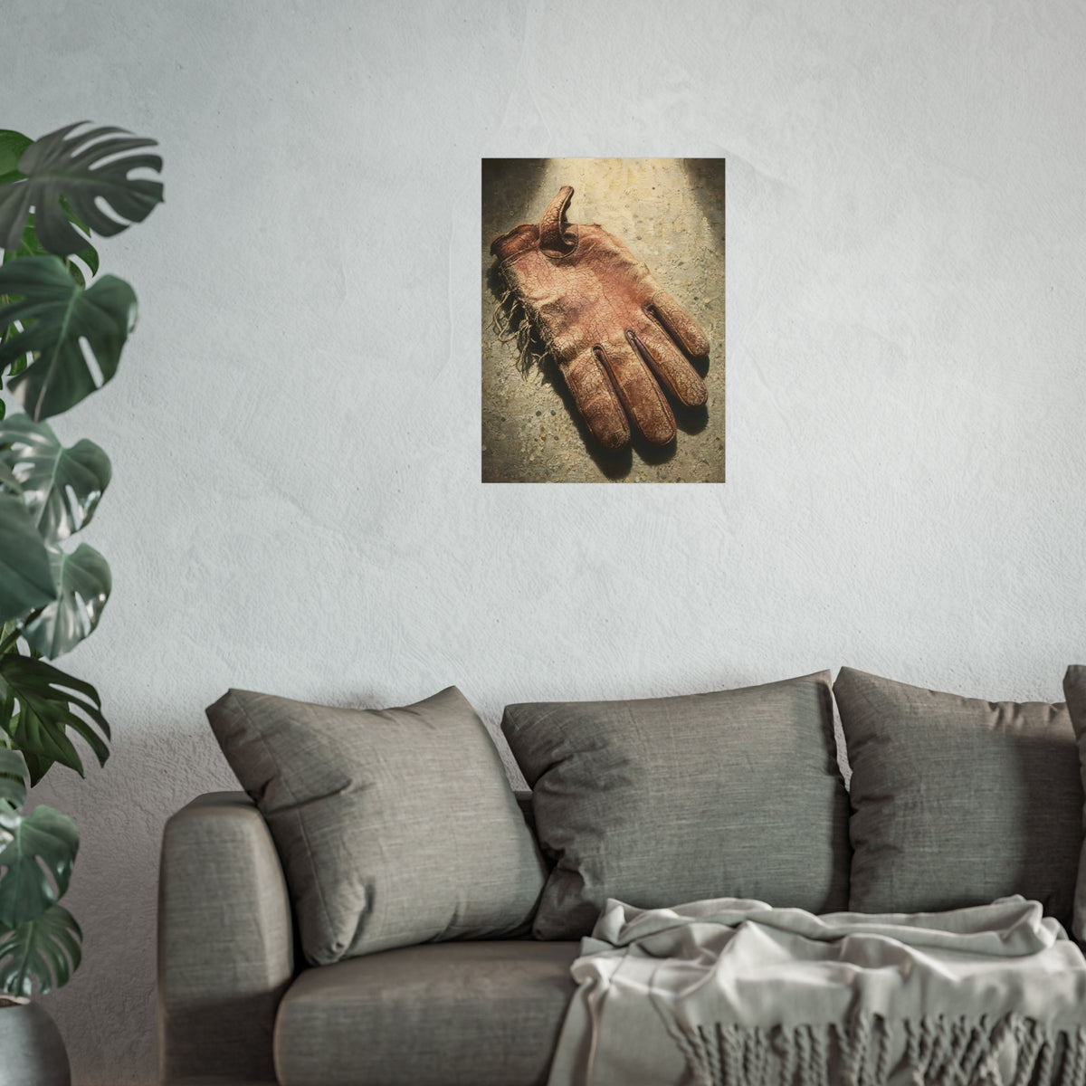 A cracked leather work glove lying on bright sunlit concrete. The Bleaching, Study of a Sun-Tired Glove by Garabaggio, fine art print hanging in a room.