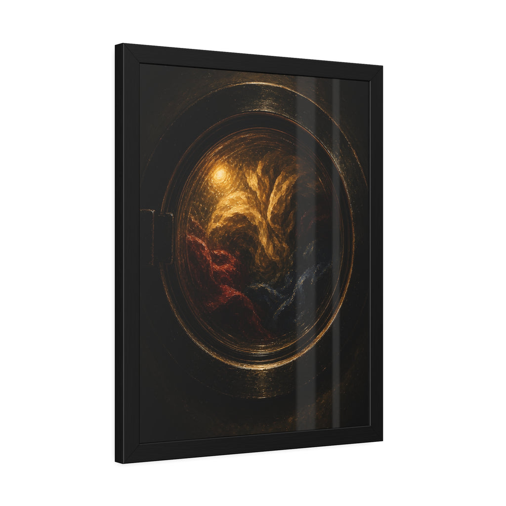 Colored laundry tumbling behind a round washer window in the dark. The Rose Window Turning by Garabaggio, framed fine art print hanging in a room.