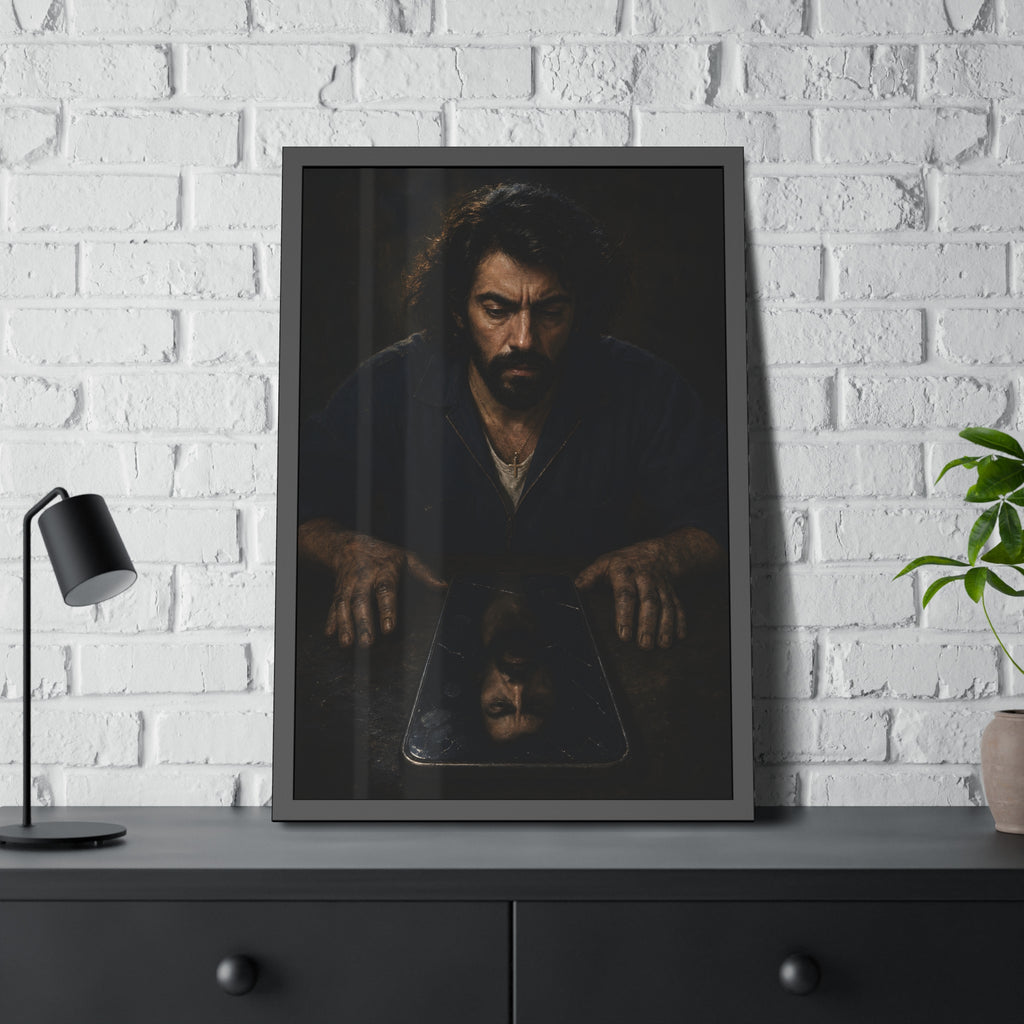 A bearded man in coveralls looking down at his face in a cracked screen. The Mirror After Midnight by Garabaggio, framed fine art print hanging in a room.