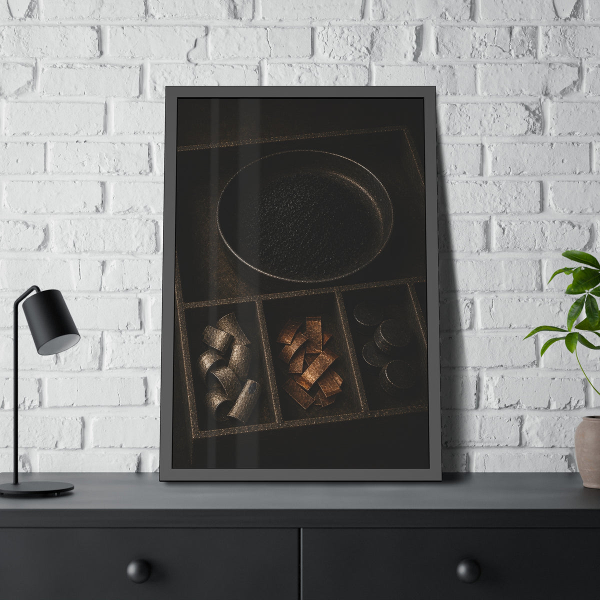 Sorted battery parts in a divided tray, metal strips, cells and powder. The Separation of Metals by Garabaggio, framed fine art print hanging in a room.