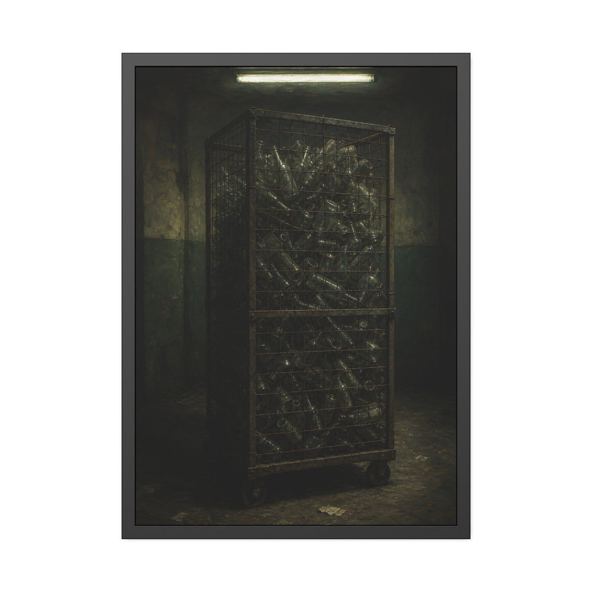 A tall wire cage cart packed with clear bottles in a dim concrete room. The Cage of Clear Glass by Garabaggio, framed fine art print, 28″ x 40″.