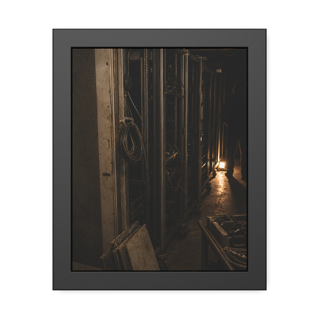 Open server racks in a dark room, a work lamp and a figure at the end. Garabaggio at the End of the Row by Garabaggio, framed fine art print, 11″ x 14″.