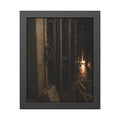 Open server racks in a dark room, a work lamp and a figure at the end. Garabaggio at the End of the Row by Garabaggio, framed fine art print, 11″ x 14″.
