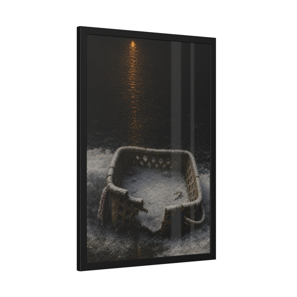 A cracked laundry basket half buried in snow under a distant lamp. The First Snow by Garabaggio, framed fine art print hanging in a room.
