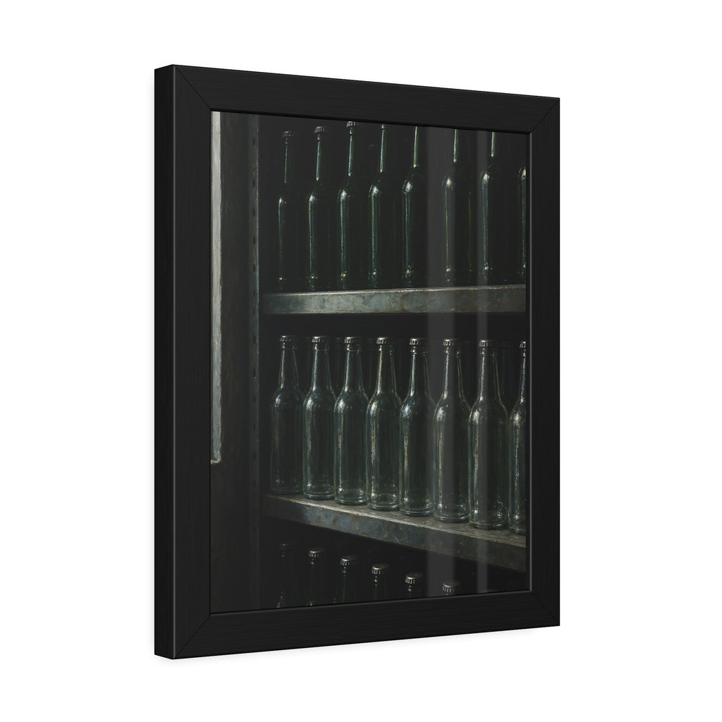 Rows of empty bottles on dim metal shelves, green above and clear below. The Shelf of New Bottles by Garabaggio, framed fine art print hanging in a room.