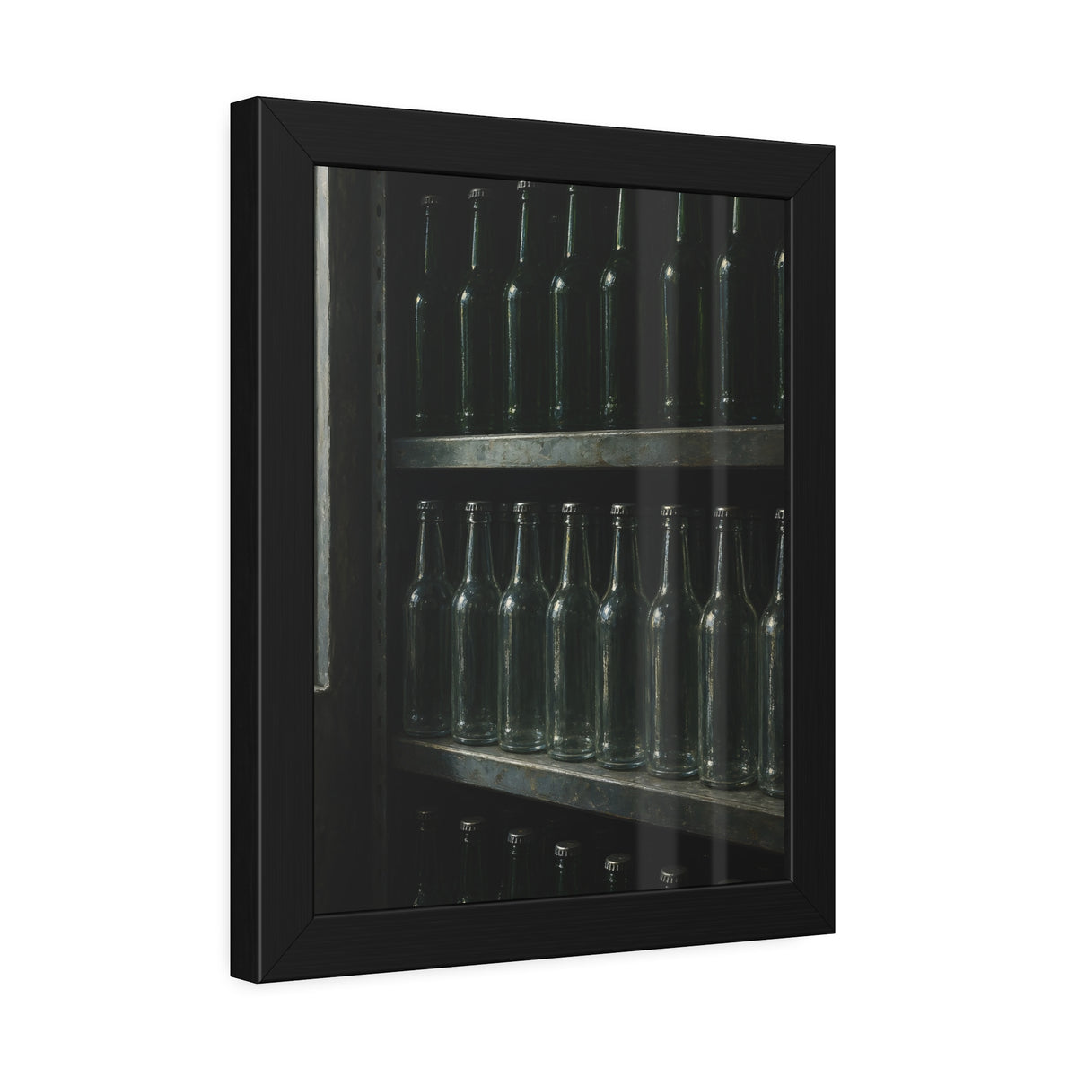 Rows of empty bottles on dim metal shelves, green above and clear below. The Shelf of New Bottles by Garabaggio, framed fine art print hanging in a room.