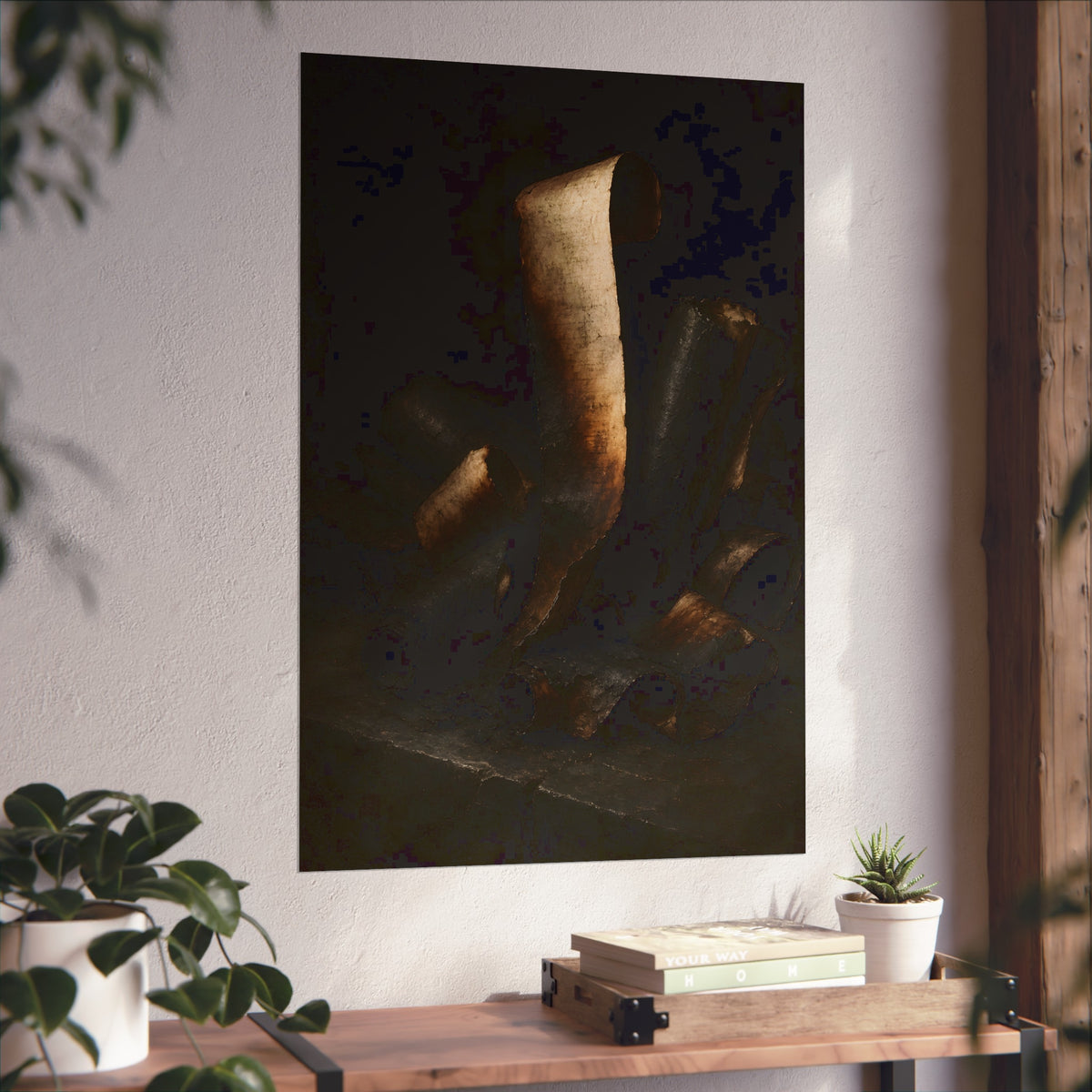 Charred curls of paper heaped together, one pale roll standing upright. The Blackening by Garabaggio, fine art print hanging in a room.