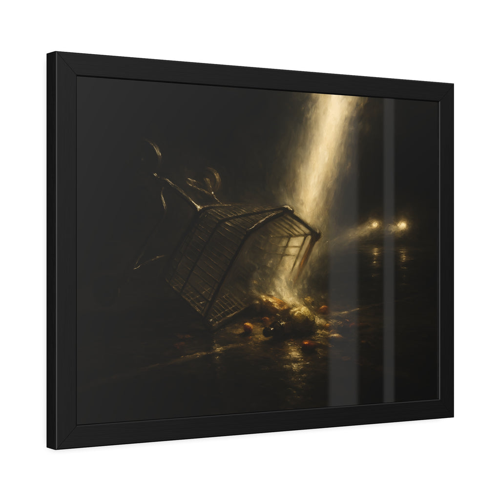 A tipped shopping cart spilling groceries in a shaft of light. The Conversion of the Shopping Cart by Garabaggio, framed fine art print hanging in a room.