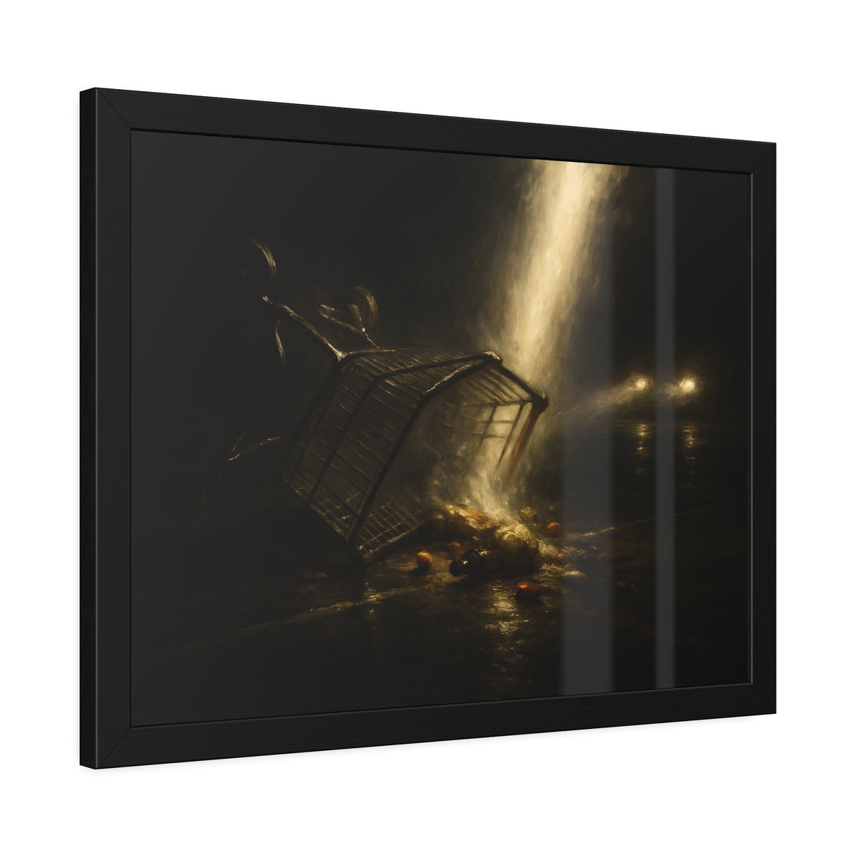 A tipped shopping cart spilling groceries in a shaft of light. The Conversion of the Shopping Cart by Garabaggio, framed fine art print hanging in a room.
