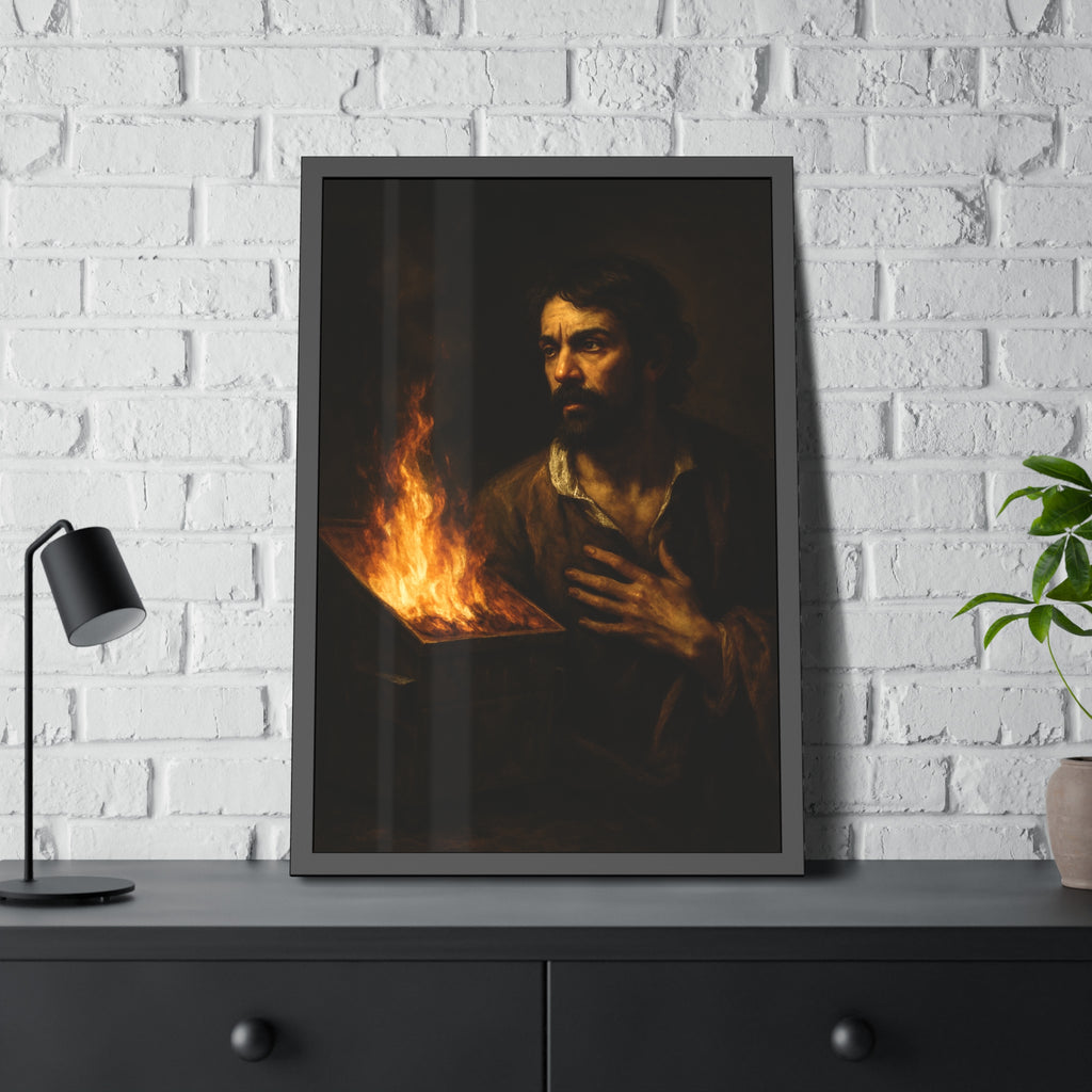 Man with a hand flat on his chest looking toward a low burning bin. Self-Portrait with Oath by Garabaggio, framed fine art print hanging in a room.