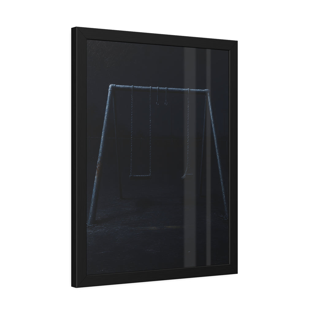 An empty swing set in near darkness with one seat twisted. The Fourth Hour: The Floodlights Cut by Garabaggio, framed fine art print hanging in a room.