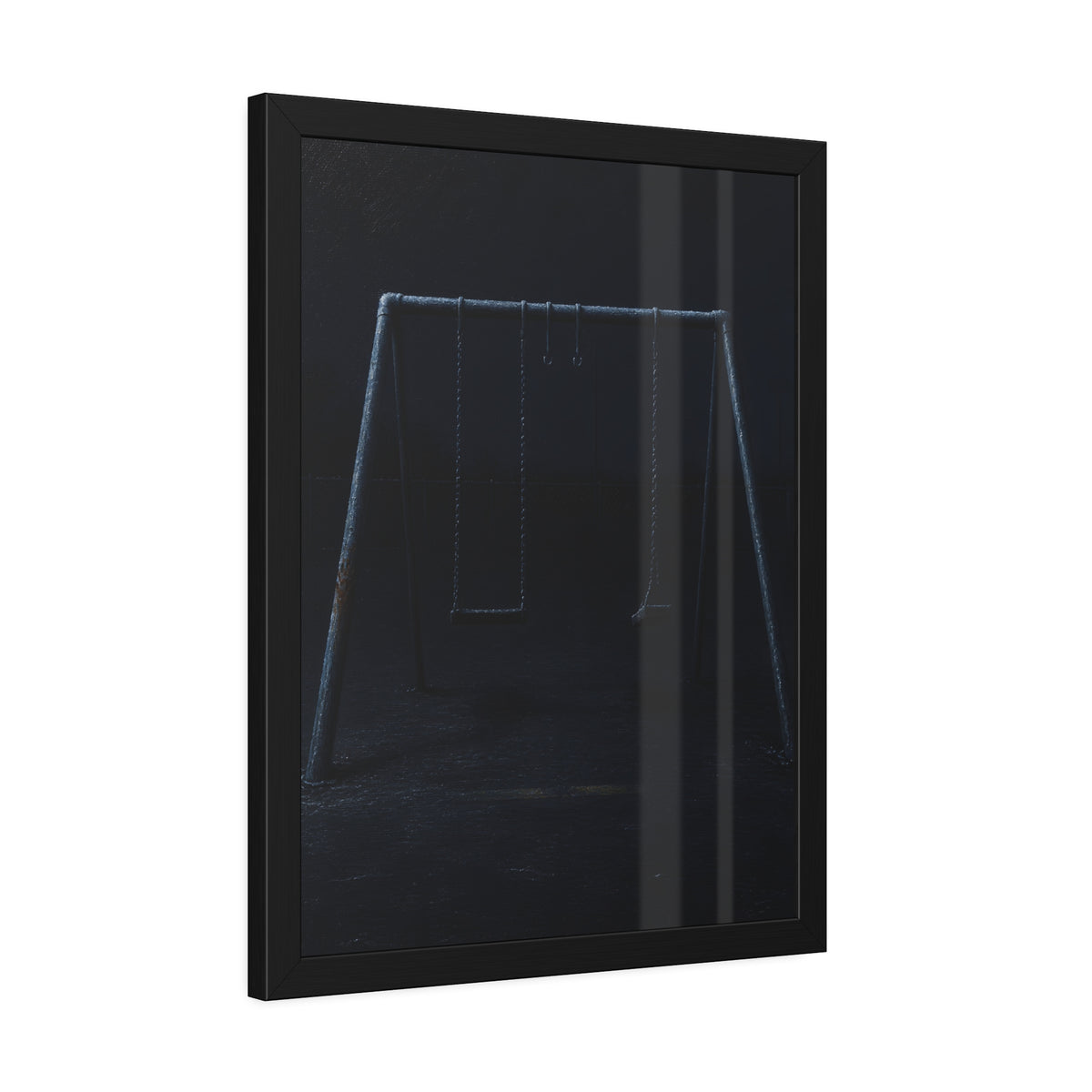 An empty swing set in near darkness with one seat twisted. The Fourth Hour: The Floodlights Cut by Garabaggio, framed fine art print hanging in a room.