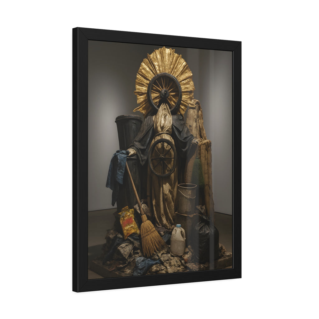 A draped figure with cart wheels above heaped trash. The Martyrdom of Saint Catherine of the Cartwheel by Garabaggio, framed fine art print hanging in a room.