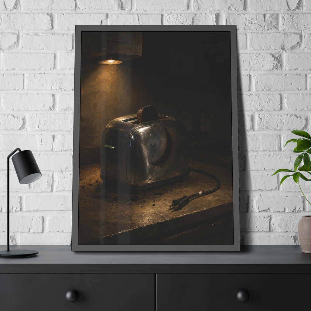 Scorched toaster with burnt toast on a counter under a cabinet light. Breakfast Interrupted by Garabaggio, framed fine art print hanging in a room.