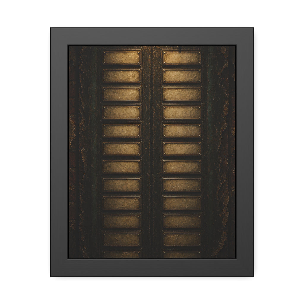 An intercom panel of blank name slots on a weathered building wall. The Names Behind Brass by Garabaggio, framed fine art print, 11″ x 14″.