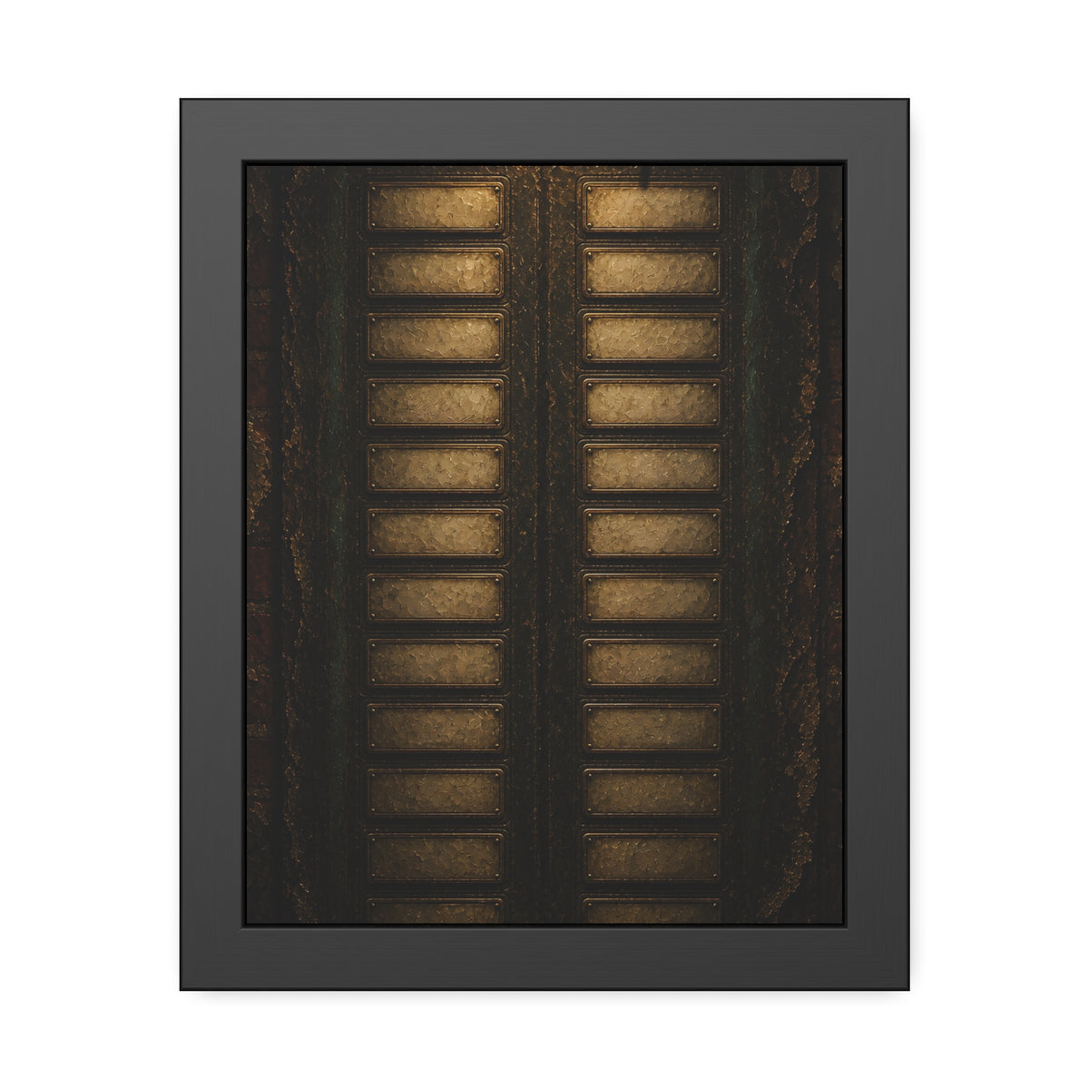 An intercom panel of blank name slots on a weathered building wall. The Names Behind Brass by Garabaggio, framed fine art print, 11″ x 14″.