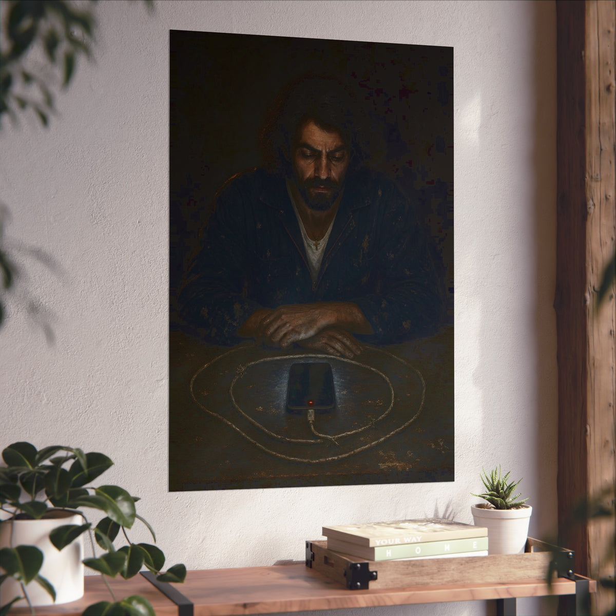 A bearded man at a table watching a phone charging inside a coiled cable. The Vigil of the Charging Cord by Garabaggio, fine art print hanging in a room.