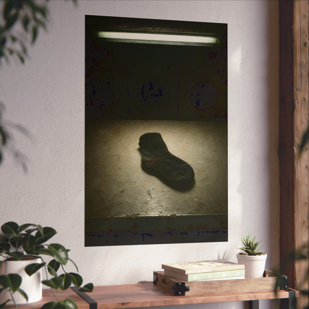A single dark sock on a laundromat floor before dim washing machines. The Orphaned Sock by Garabaggio, fine art print hanging in a room.