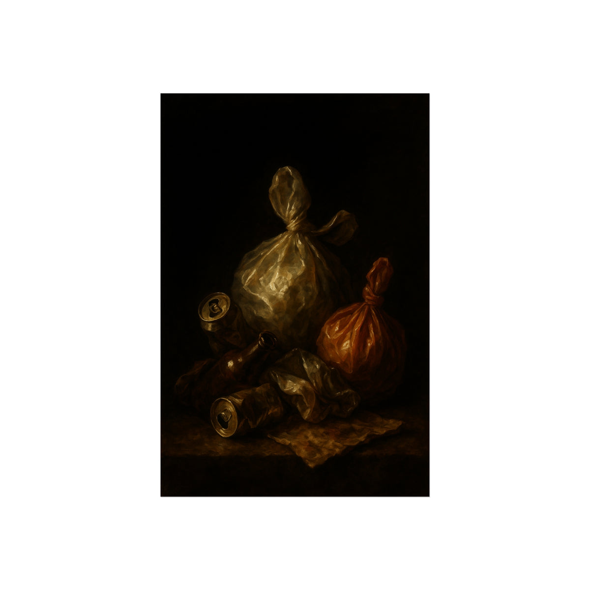 Two knotted plastic bags and crushed cans on a dark table. The Knotted Offering by Garabaggio, fine art print hanging in a room.
