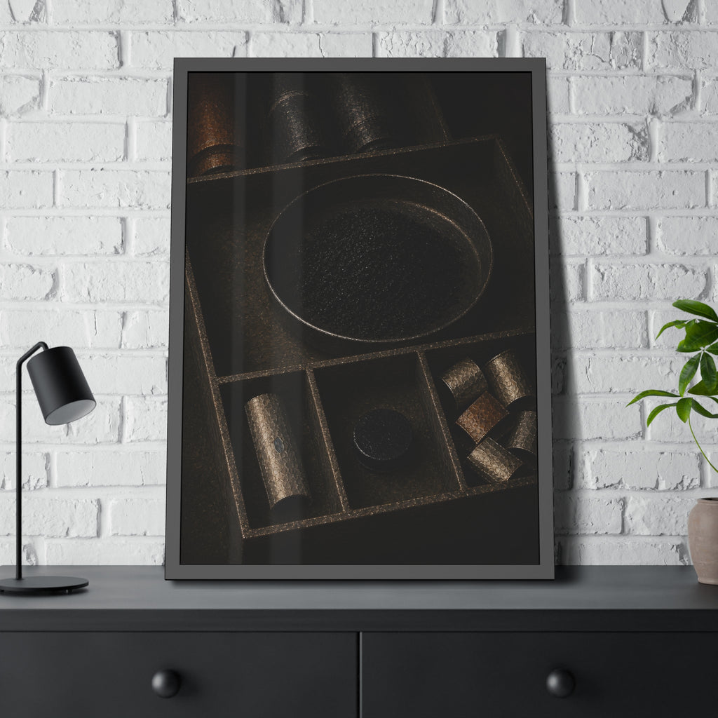 Battery casings and black powder sorted into the trays of a dim box. The Black Recovery by Garabaggio, framed fine art print hanging in a room.