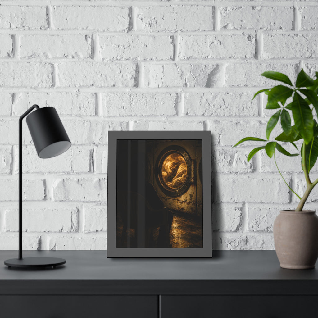 A person seated in a plastic chair facing a lit dryer drum. The Watcher in the Plastic Chair by Garabaggio, framed fine art print hanging in a room.