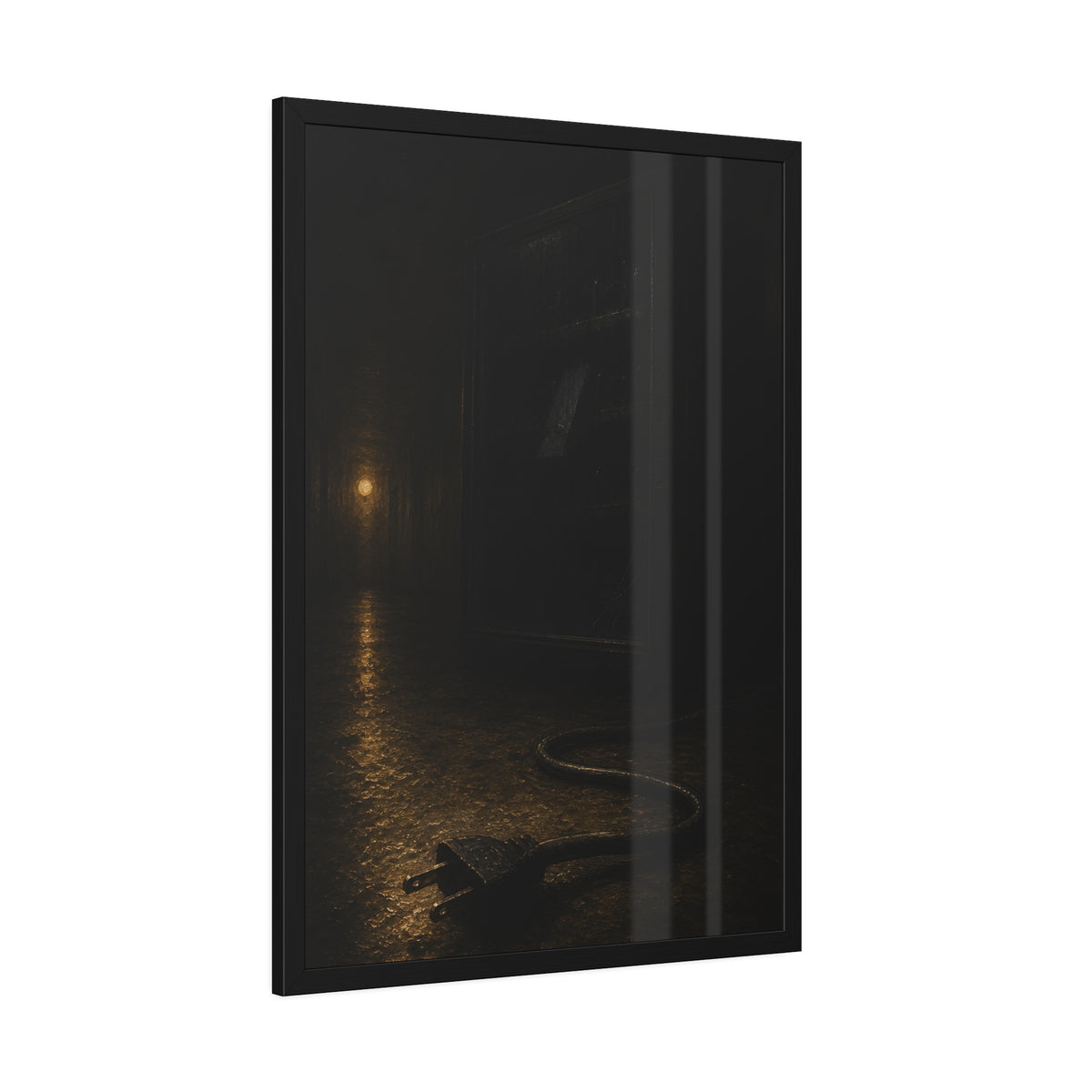A dark vending machine with its unplugged cord lying on a wet corridor floor. The Unplugging by Garabaggio, framed fine art print hanging in a room.