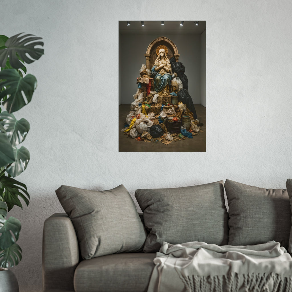 A robed statue on a mound of garbage bags in a gallery. The Immaculate Collection by Garabaggio, fine art print hanging in a room.