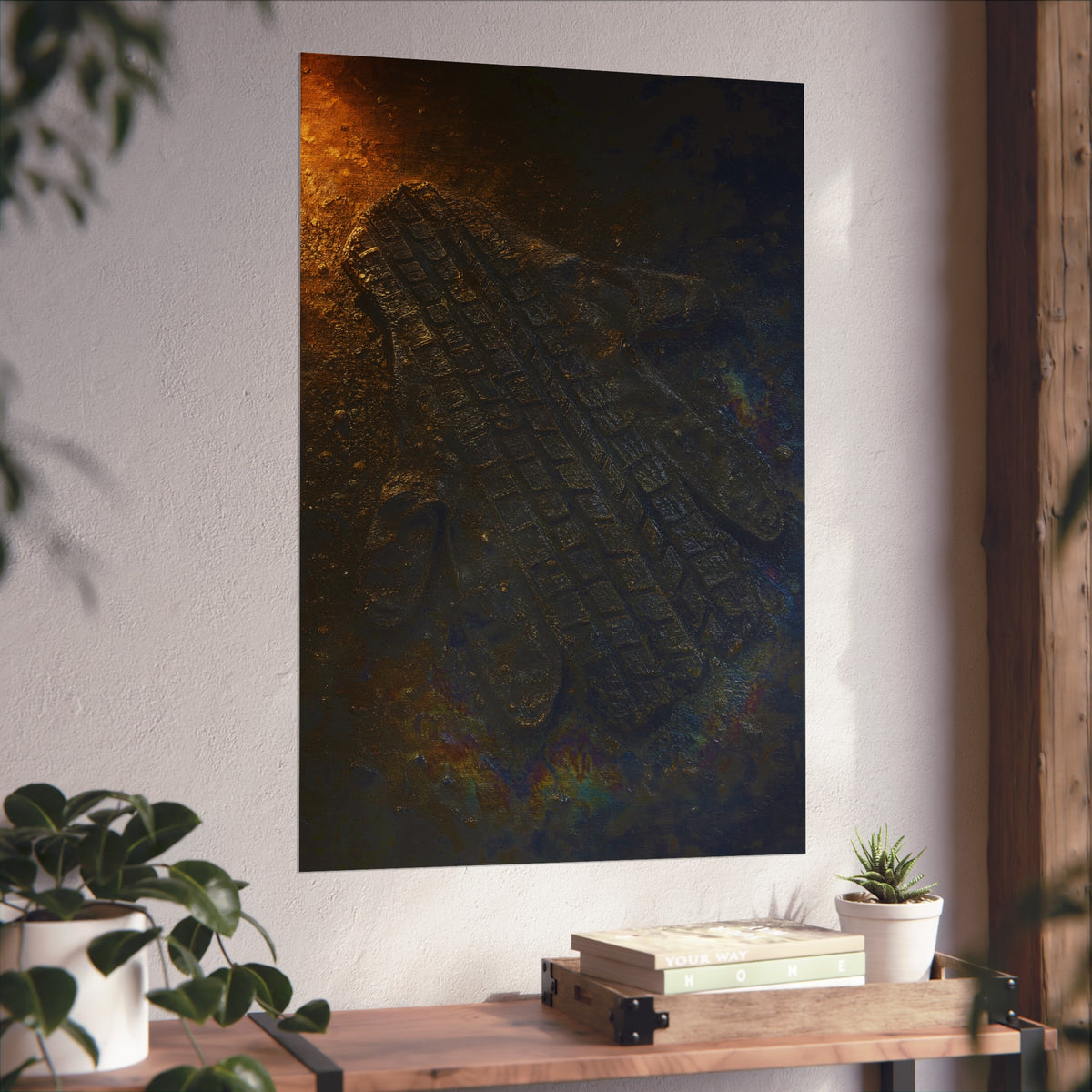 A flattened work glove on asphalt with a tire tread pressed across it. The Passage of the Wheel by Garabaggio, fine art print hanging in a room.