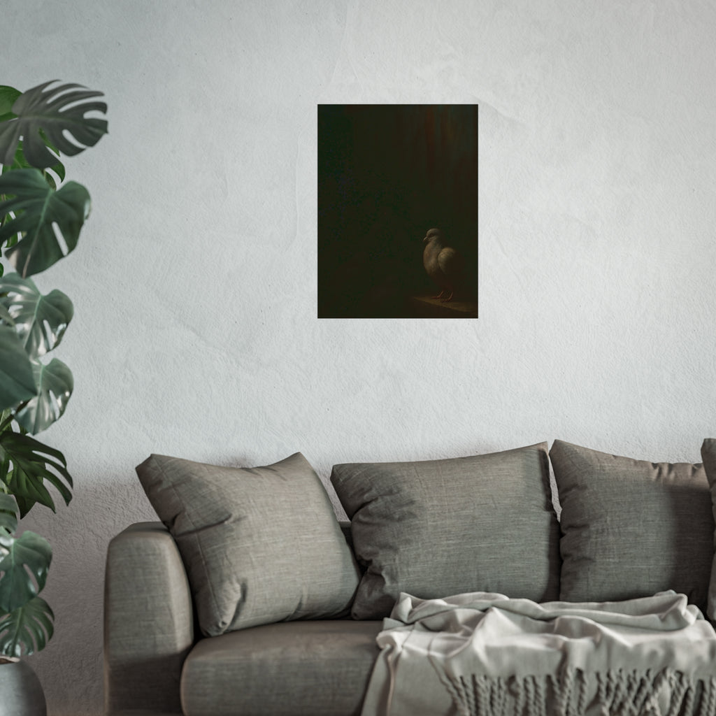 A pale pigeon on a ledge, a dark flock watching from the shadows behind. The Vigil Before the Ascension by Garabaggio, fine art print hanging in a room.