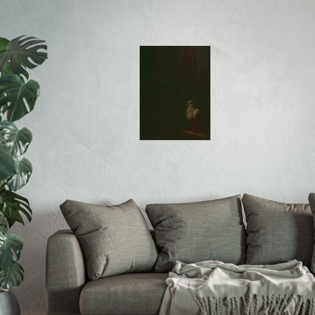 A pale pigeon on a ledge, a dark flock watching from the shadows behind. The Vigil Before the Ascension by Garabaggio, fine art print hanging in a room.