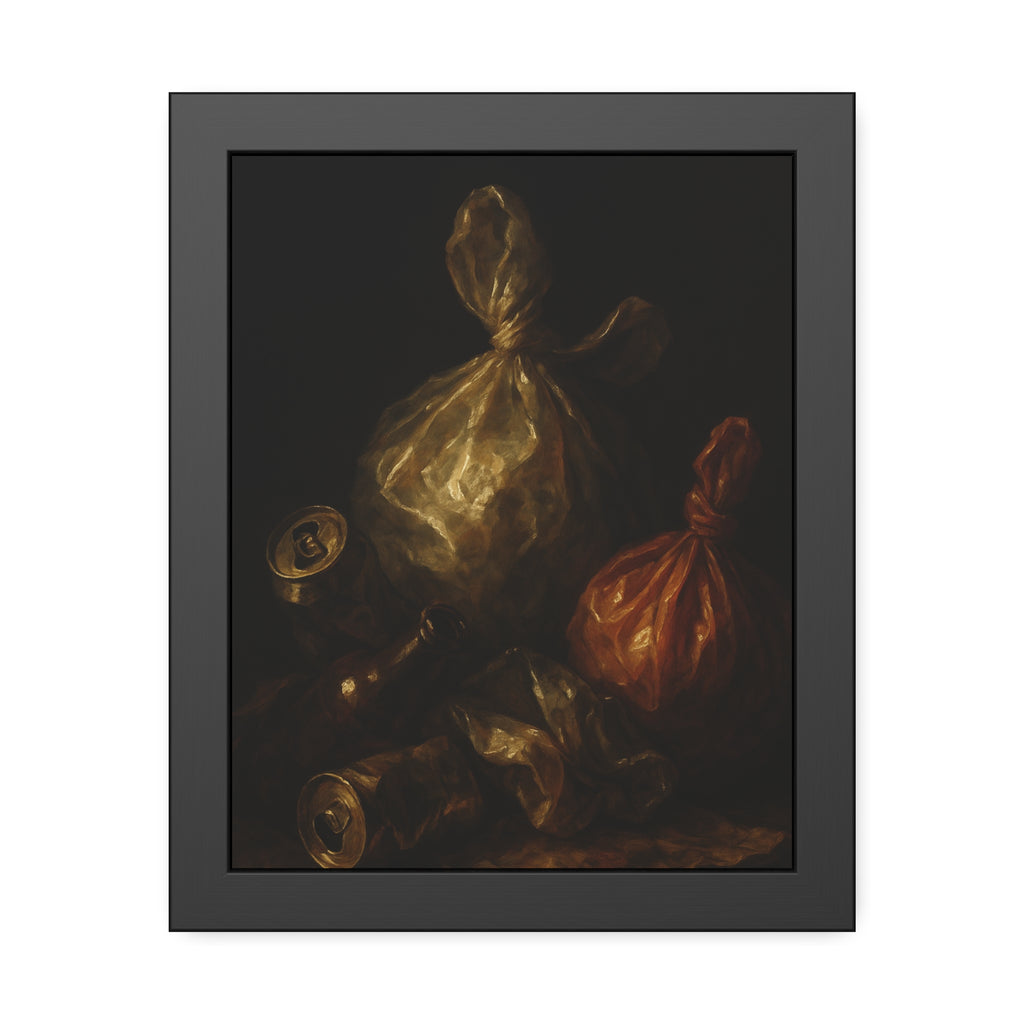 Two knotted plastic bags and crushed cans on a dark table. The Knotted Offering by Garabaggio, framed fine art print, 11″ x 14″.