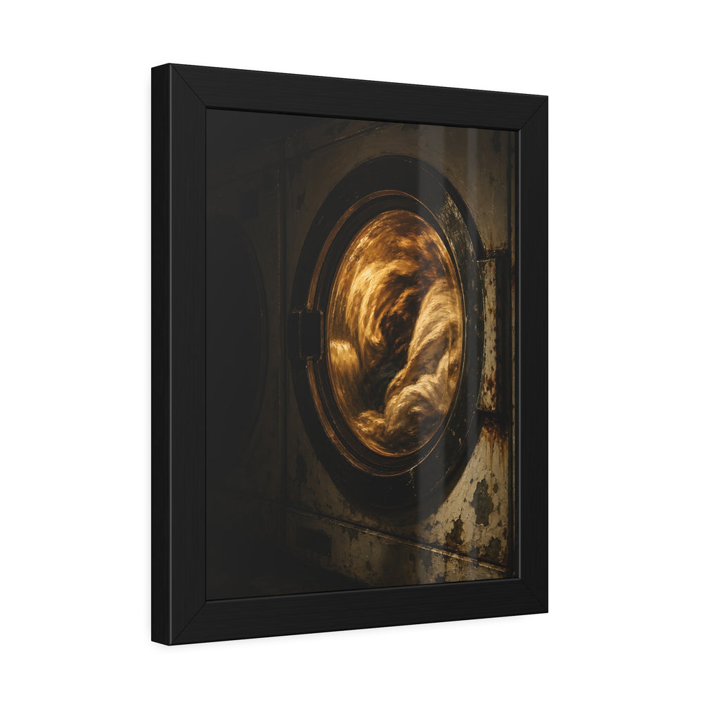 A washer drum tumbling laundry lit amber behind its glass door. The First Spin by Garabaggio, framed fine art print hanging in a room.